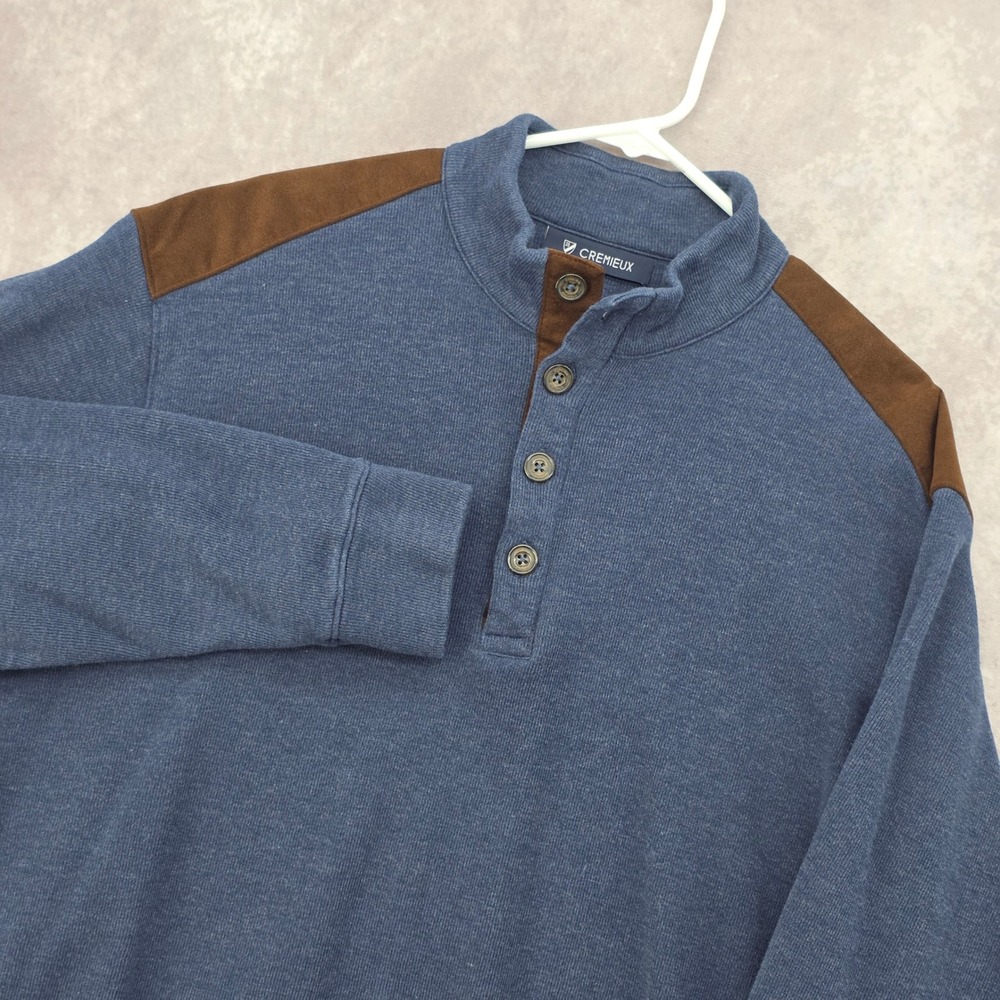 Cremieux Mens Blue Mock Neck Quarter Button Pullover Sweater Faux Suede Patch L